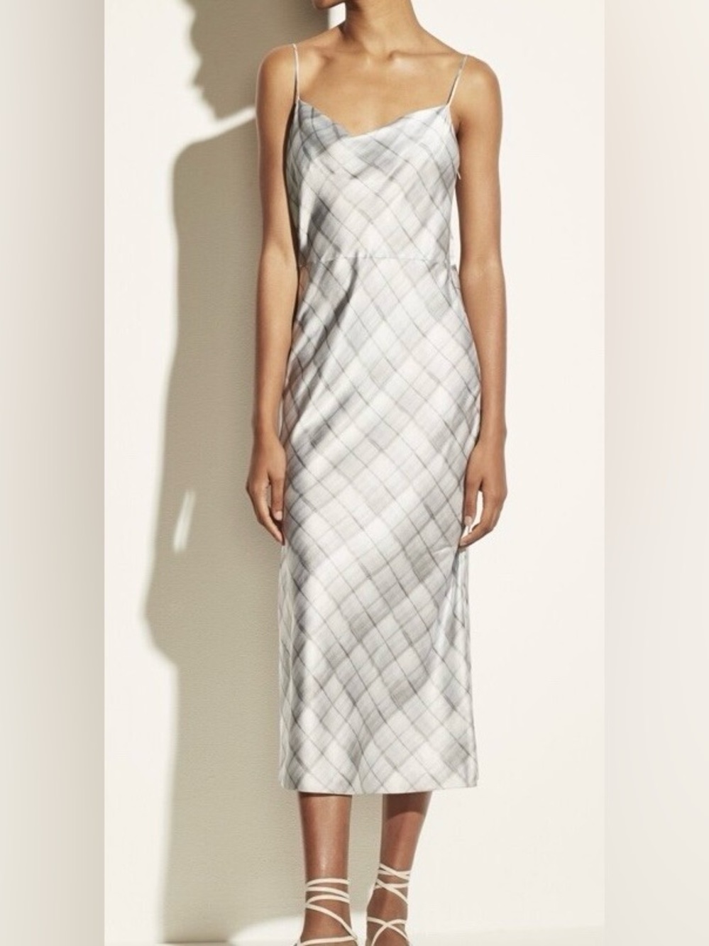 Vince White and Light Gray Plaid Satin Slip Dress